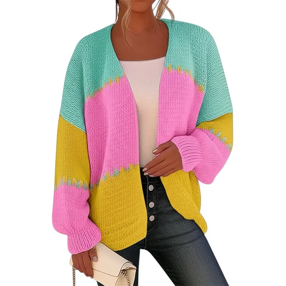 Colorblock Knit Cardigan Open Front Puff Sleeves Large - Picture 1 of 7
